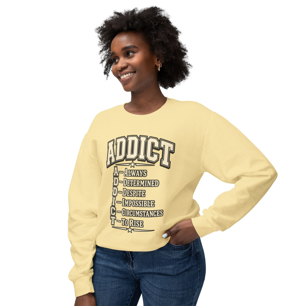 ADDICT Acrostic Crewneck Sweatshirt — Inspirational 'Always Determined...' Motivational Pullover