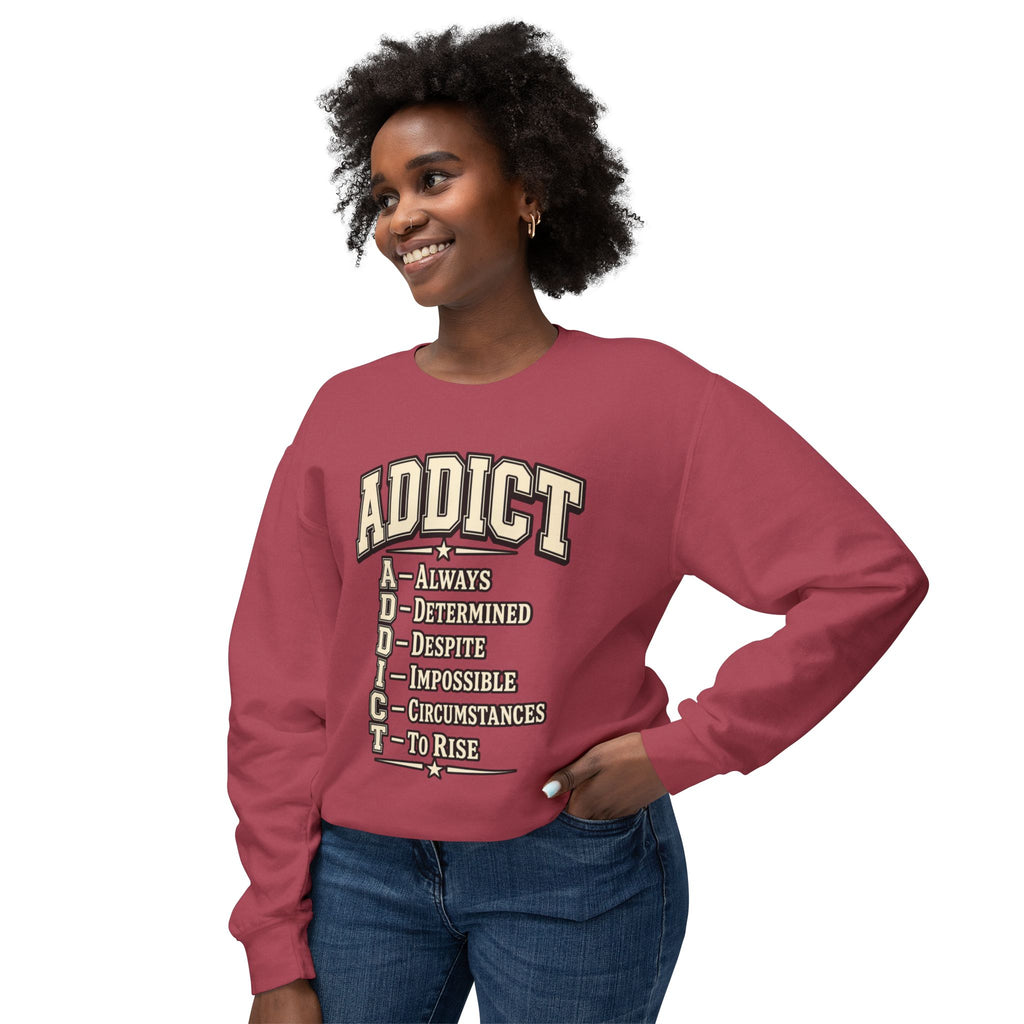 ADDICT Acrostic Crewneck Sweatshirt — Inspirational 'Always Determined...' Motivational Pullover