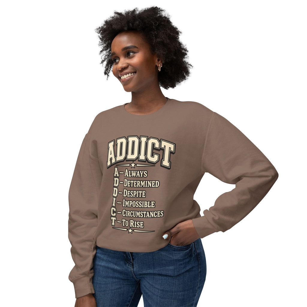 ADDICT Acrostic Crewneck Sweatshirt — Inspirational 'Always Determined...' Motivational Pullover