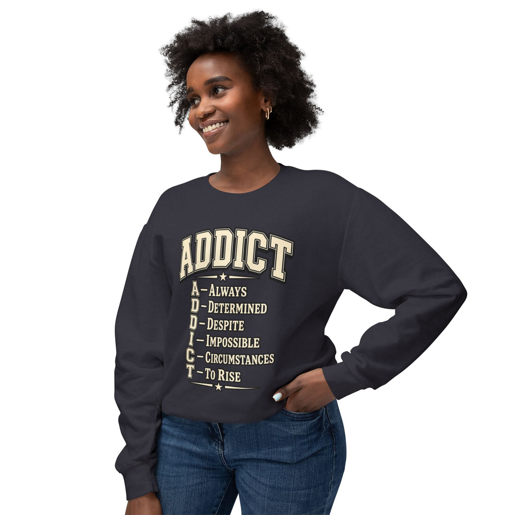 ADDICT Acrostic Crewneck Sweatshirt — Inspirational 'Always Determined...' Motivational Pullover