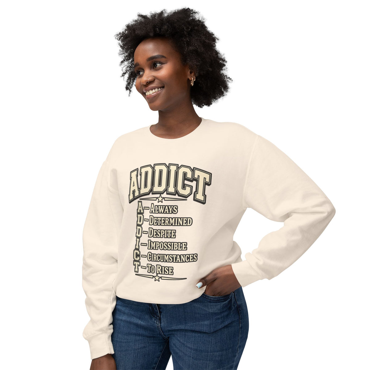 ADDICT Acrostic Crewneck Sweatshirt — Inspirational 'Always Determined...' Motivational Pullover