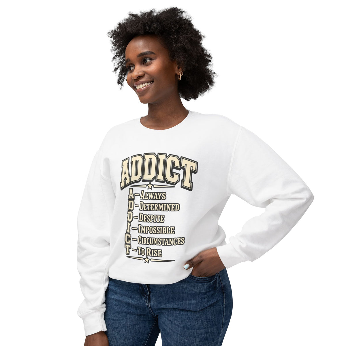 ADDICT Acrostic Crewneck Sweatshirt — Inspirational 'Always Determined...' Motivational Pullover