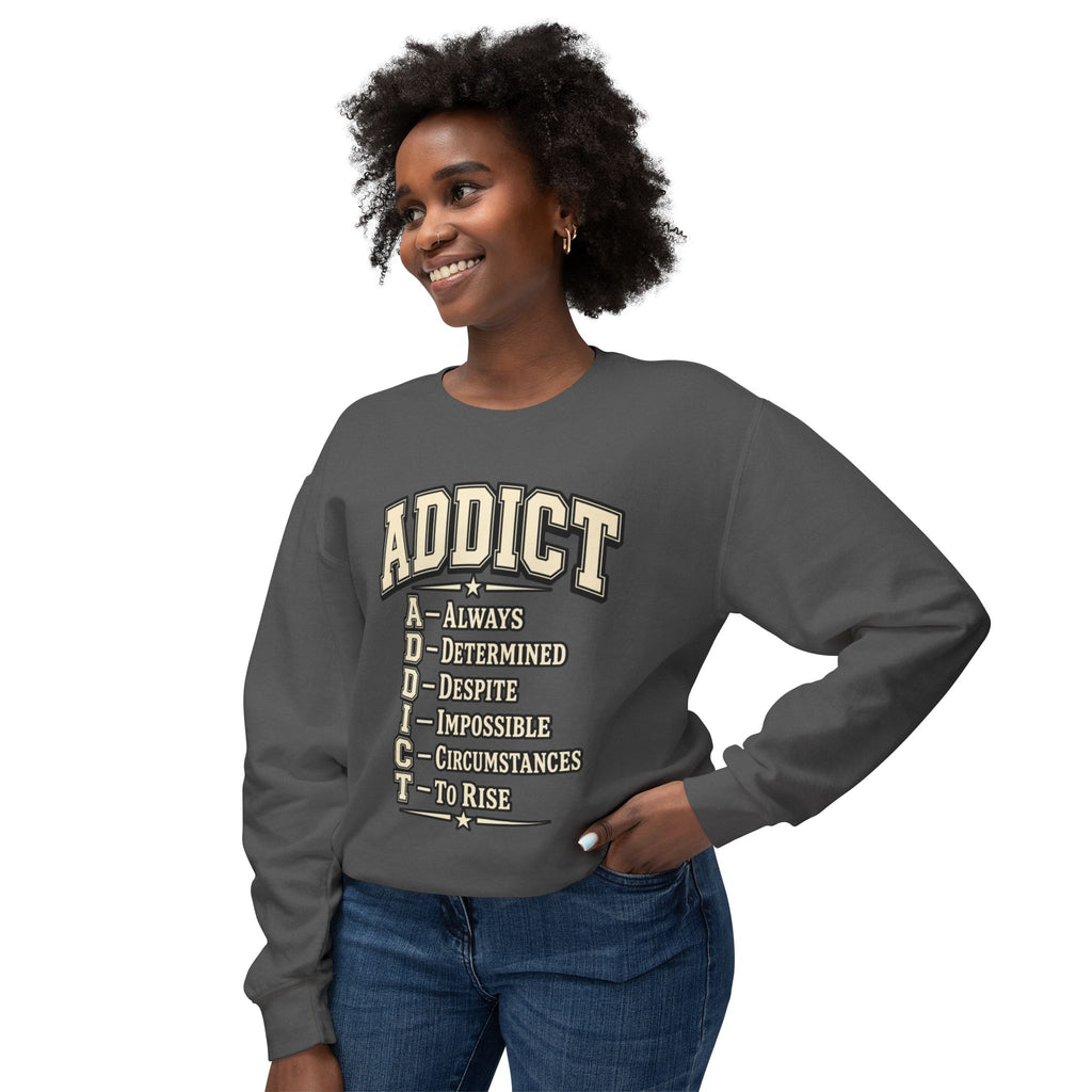 ADDICT Acrostic Crewneck Sweatshirt — Inspirational 'Always Determined...' Motivational Pullover