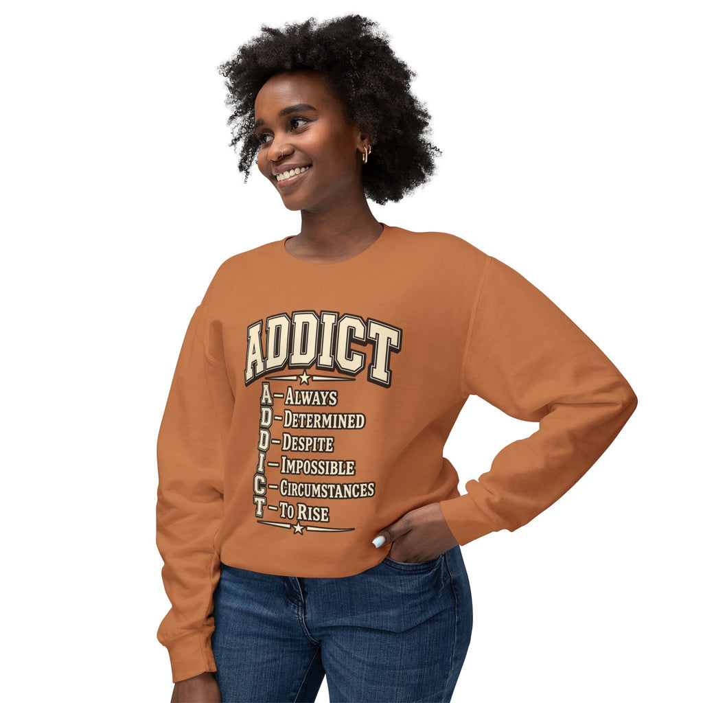ADDICT Acrostic Crewneck Sweatshirt — Inspirational 'Always Determined...' Motivational Pullover