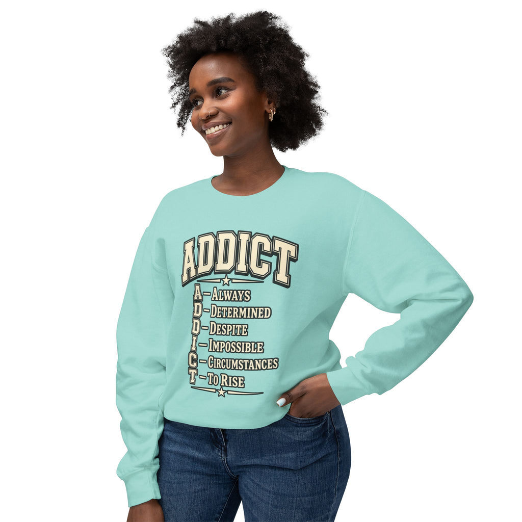 ADDICT Acrostic Crewneck Sweatshirt — Inspirational 'Always Determined...' Motivational Pullover